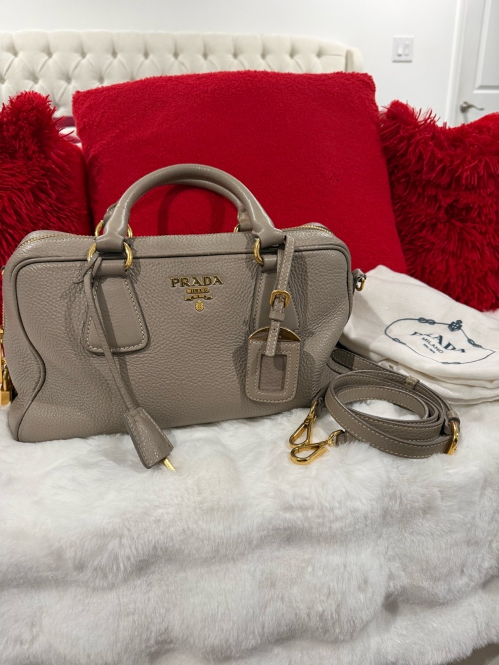 Prada Pebbled Leather Satchel in Taupe with Gold Hardware